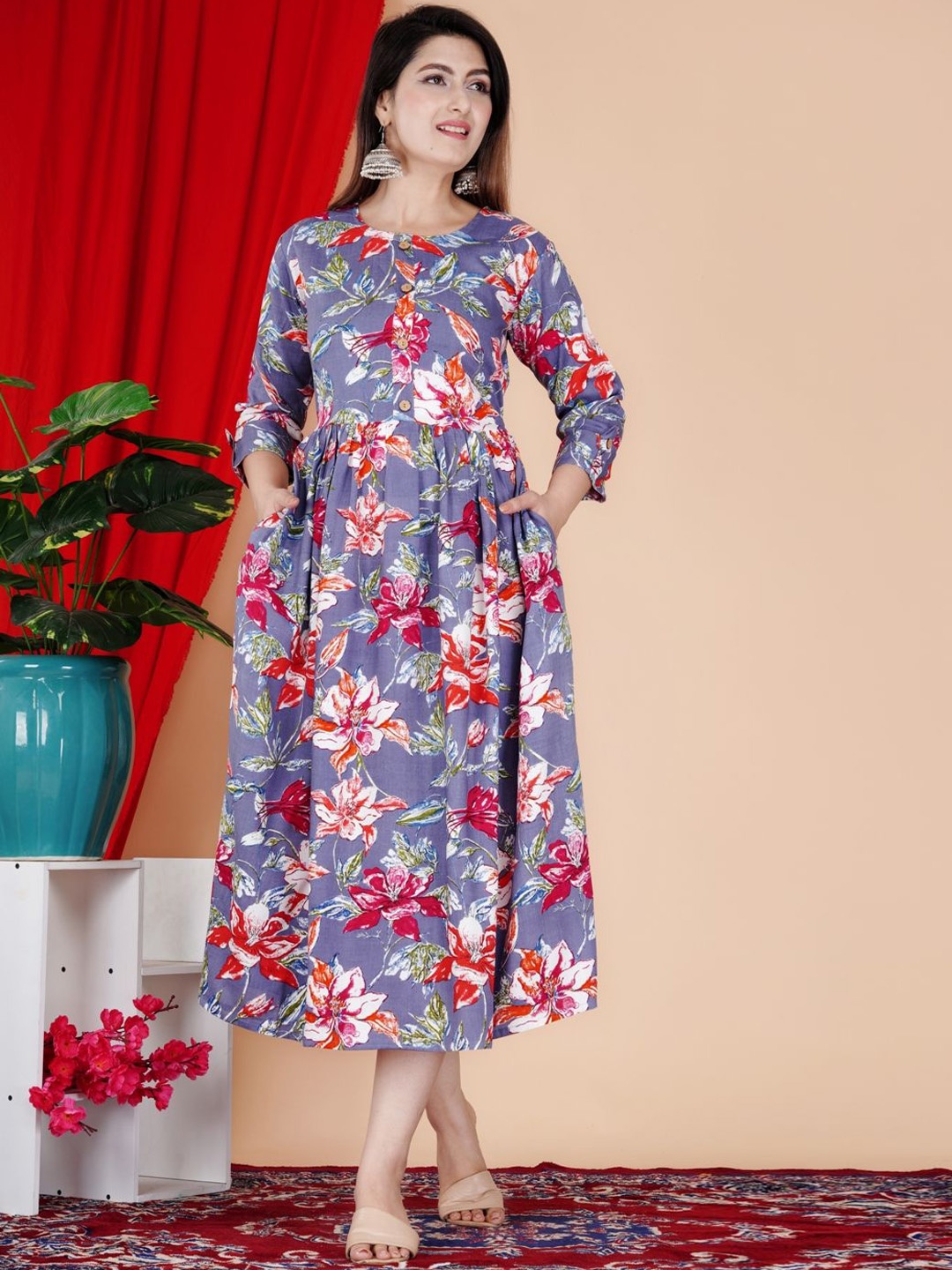 FebQ Floral Printed Round Neck Anarkali Kurta, Blue