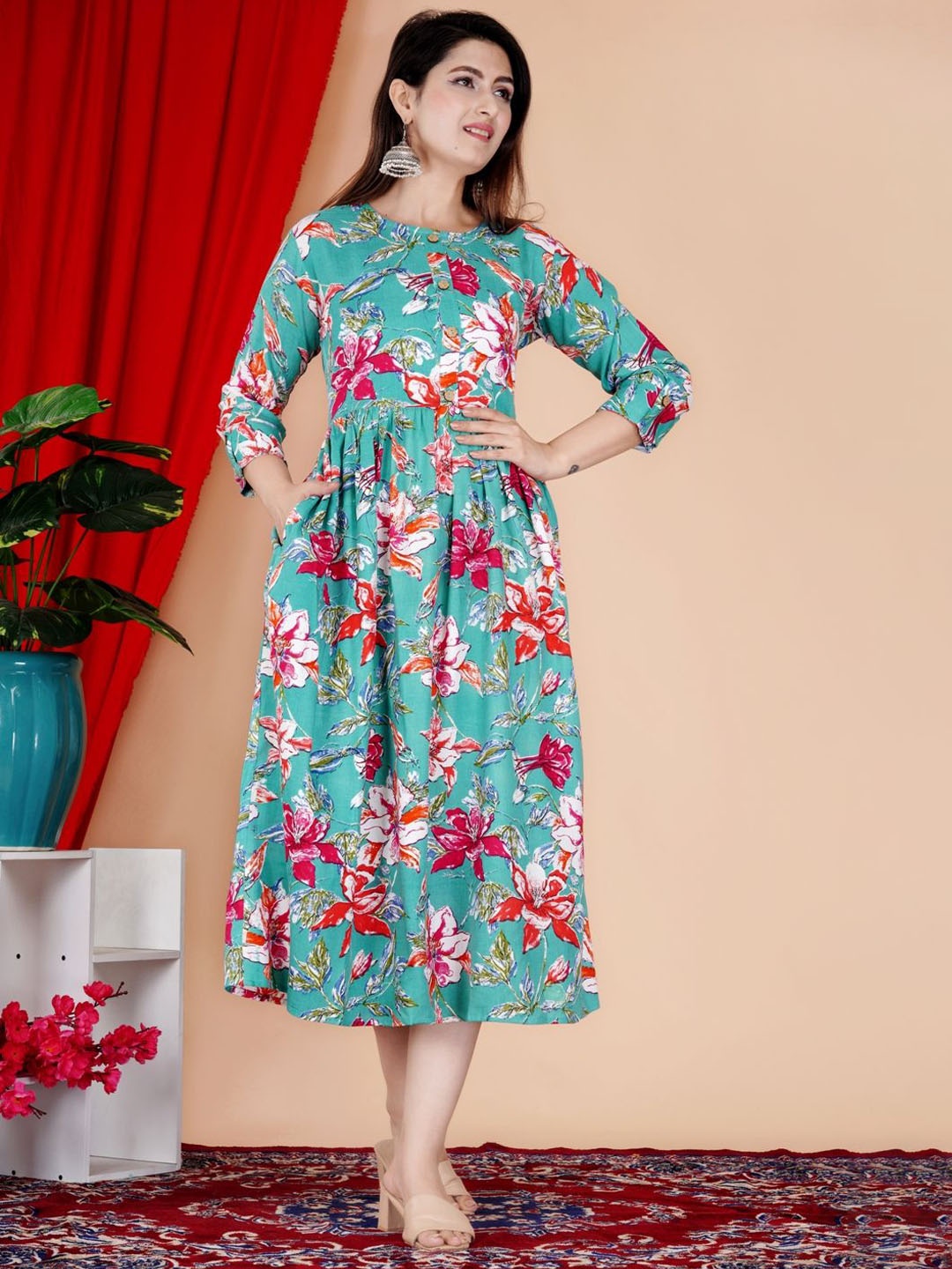 

FebQ Floral Printed Round Neck Anarkali Kurta, Turquoise blue