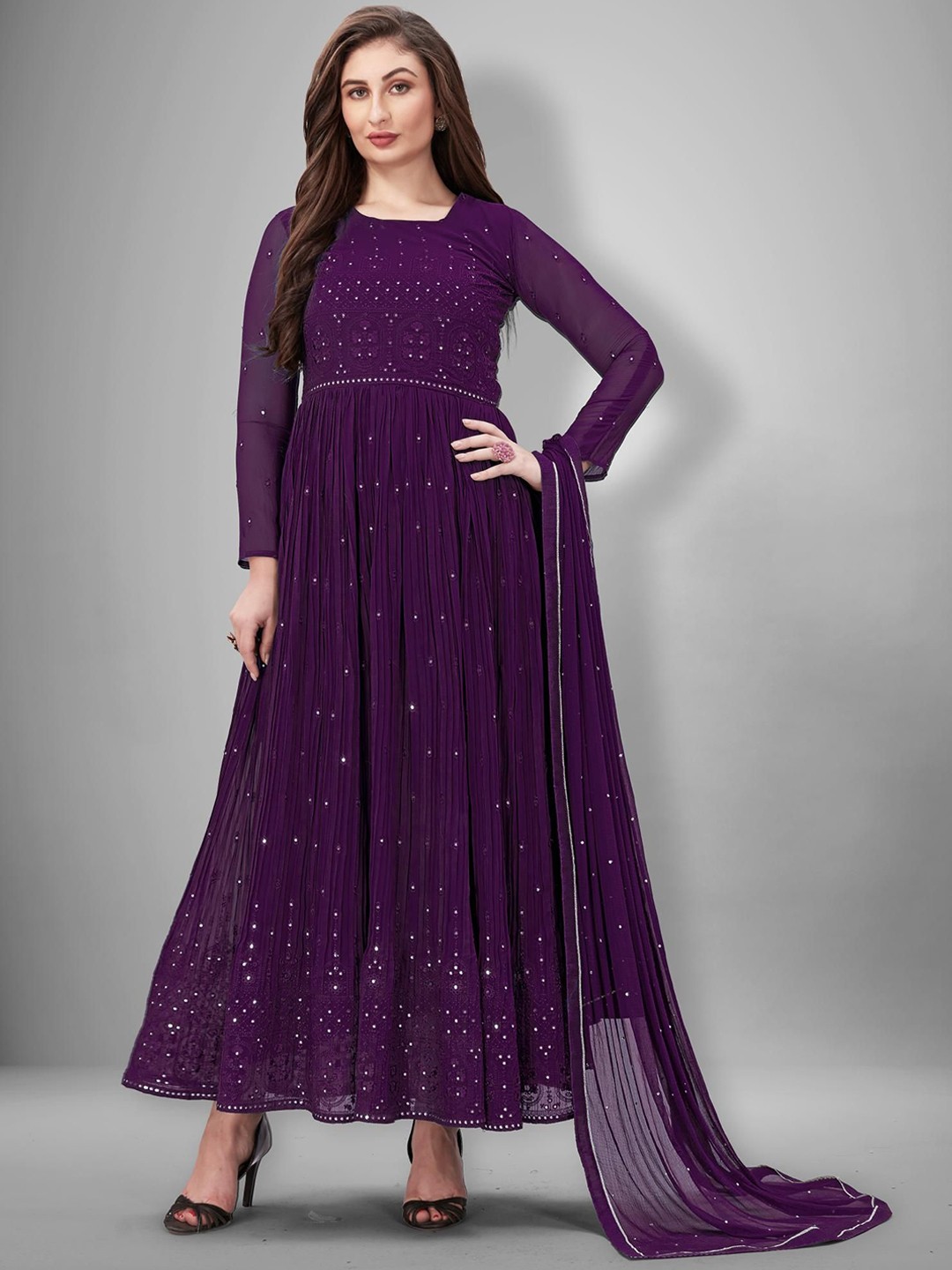 

Trendmalls Floral Embroidered Sequinned Anarkali Kurta With Trouser And Dupatta, Purple