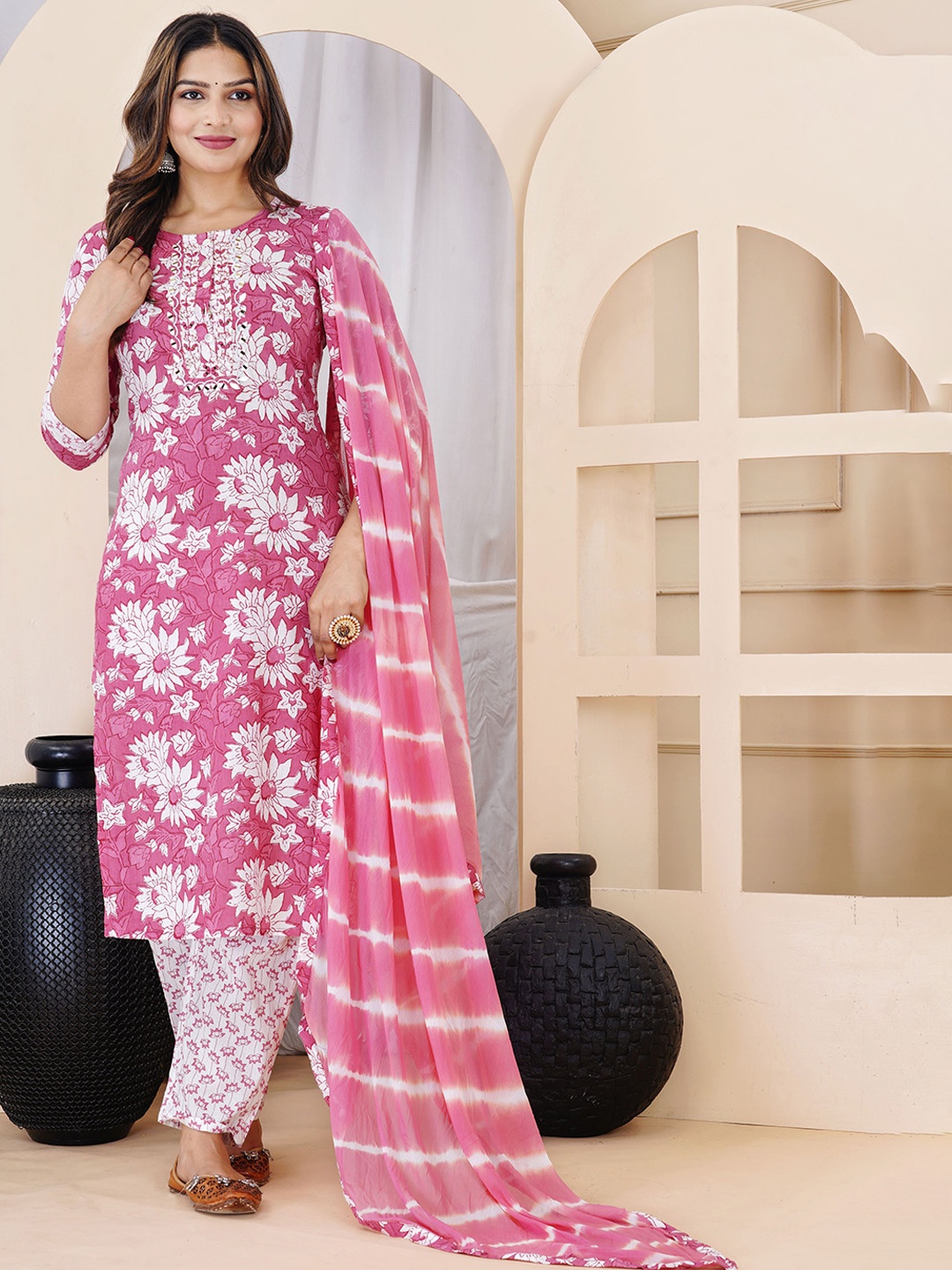 

DIVOGGUE Floral Printed Mirror Work Pure Cotton Straight Kurta With Trousers & Dupatta, Pink