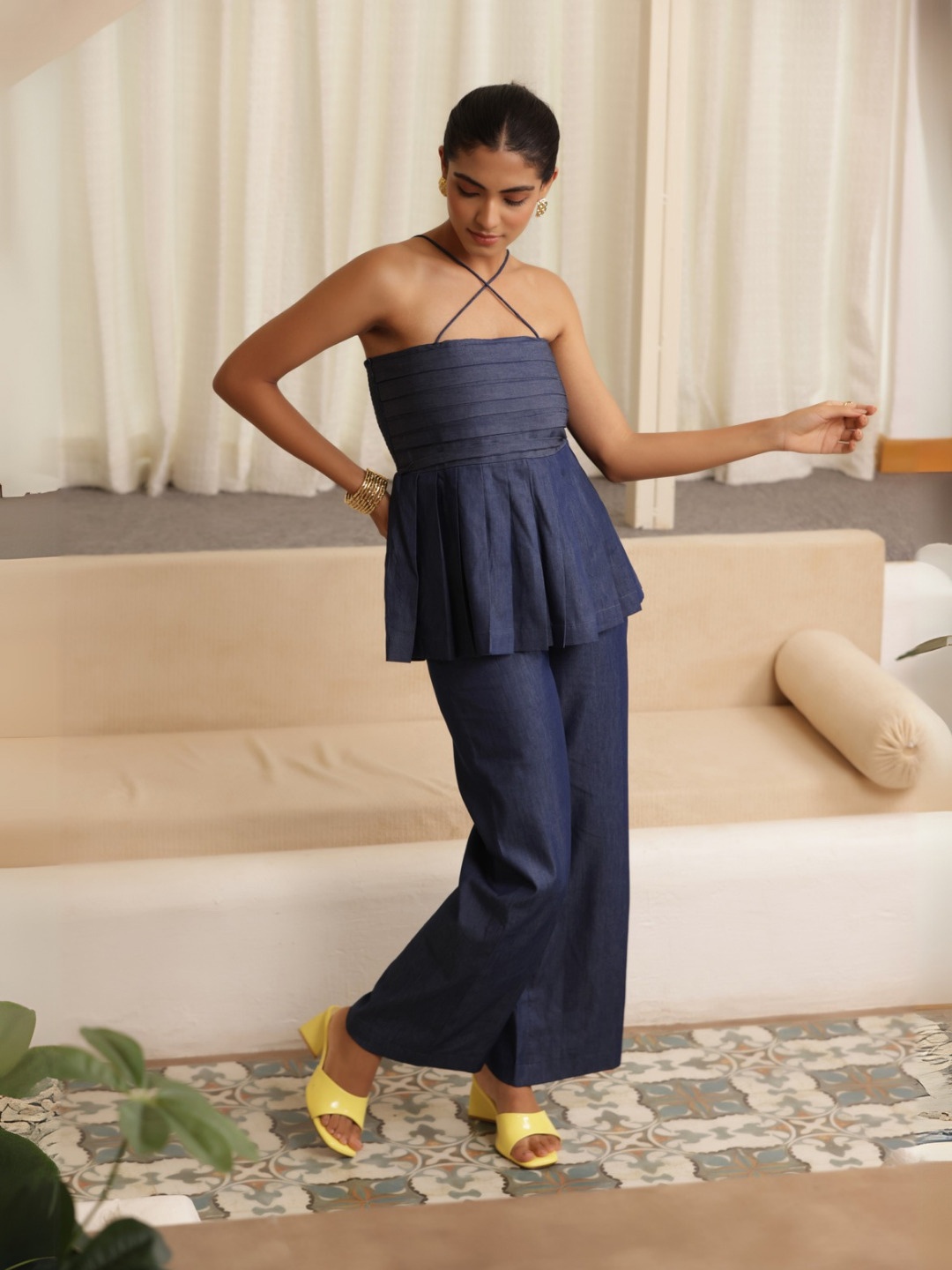 

Tasya India Shoulder Straps Pure Cotton Denim Top With Palazzo, Blue