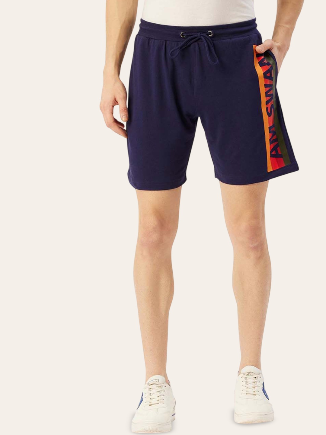 

AMSWAN Men Printed Low-Rise Cotton Running Shorts, Navy blue