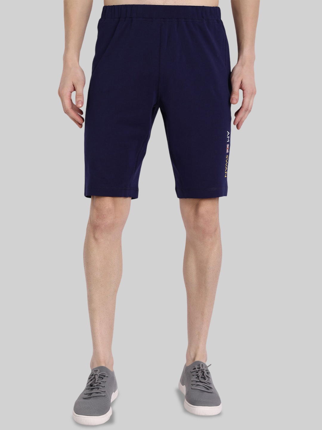 AMSWAN Men Printed Low-Rise Running Sports Shorts, Navy blue