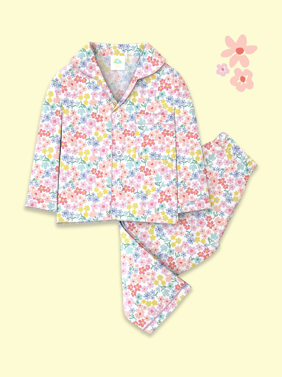 

Fancy Fluff Girls Printed Lapel Collar Night suit, White