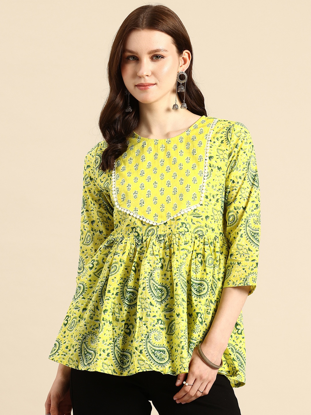 

A&K Pure Cotton Floral Print Peplum Top, Yellow