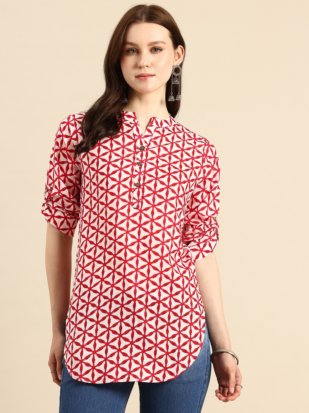 

A&K Pure Cotton Geometric Print Mandarin Collar Roll-Up Sleeves Longline Top, Red