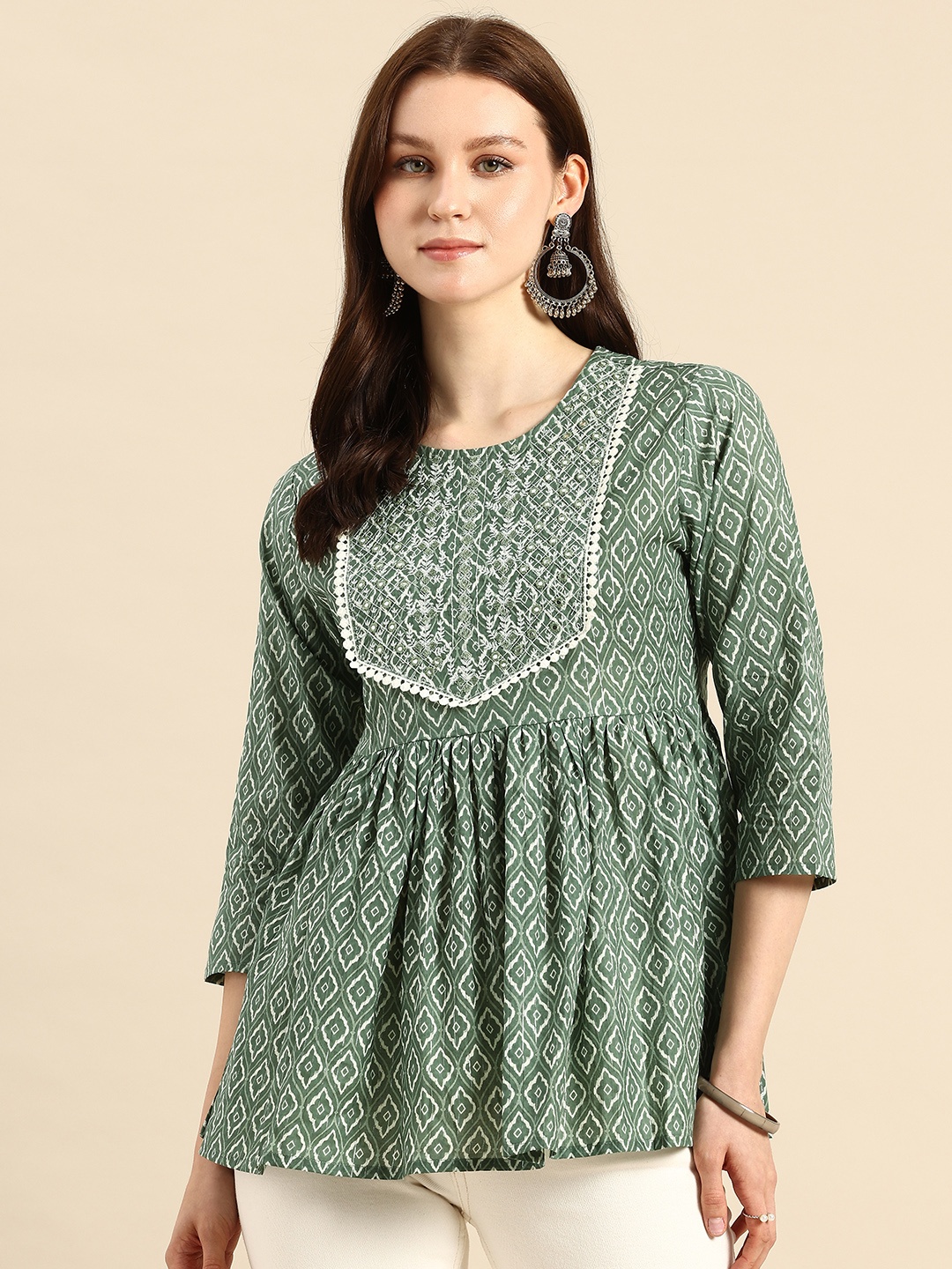 

A&K Pure Cotton Embroidered Ethnic Print Peplum Top, Green