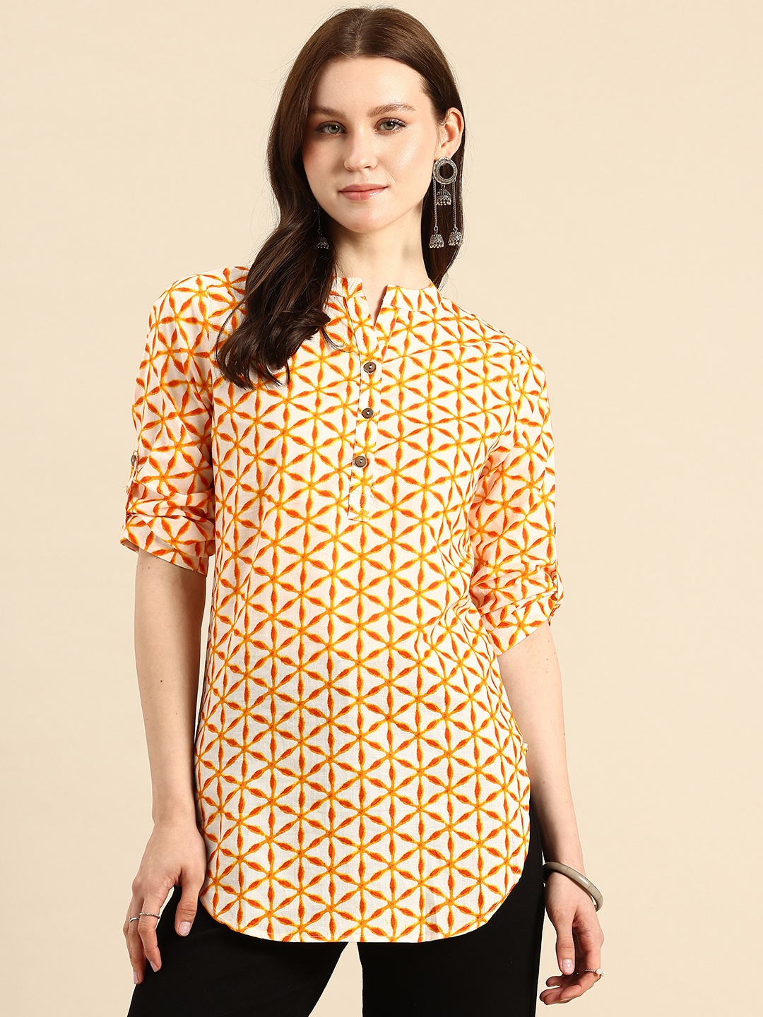 

A&K Pure Cotton Geometric Print Mandarin Collar Roll-Up Sleeves Longline Top, Yellow