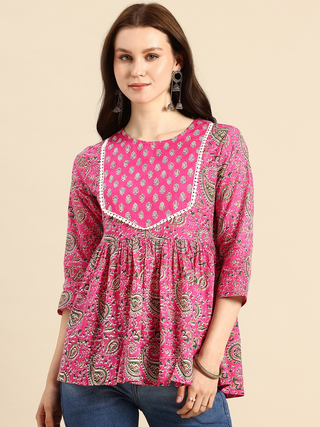 

A&K Pure Cotton Floral Print Peplum Top, Pink