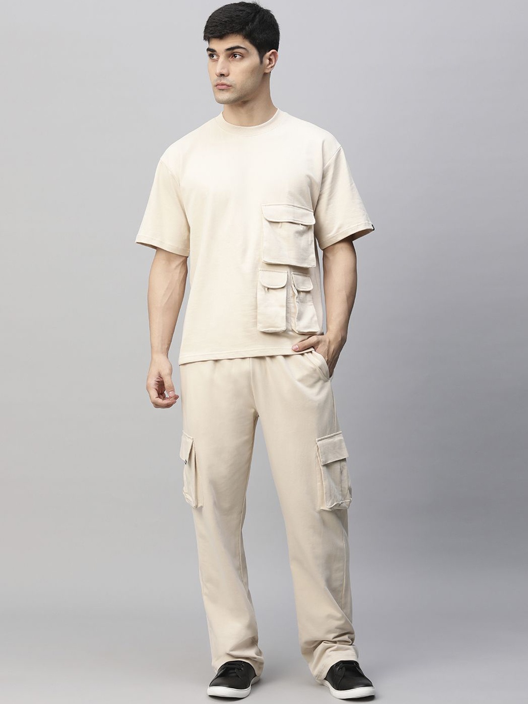 

PRONK Round Neck Pure Cotton T-Shirt With Trouser, Off white