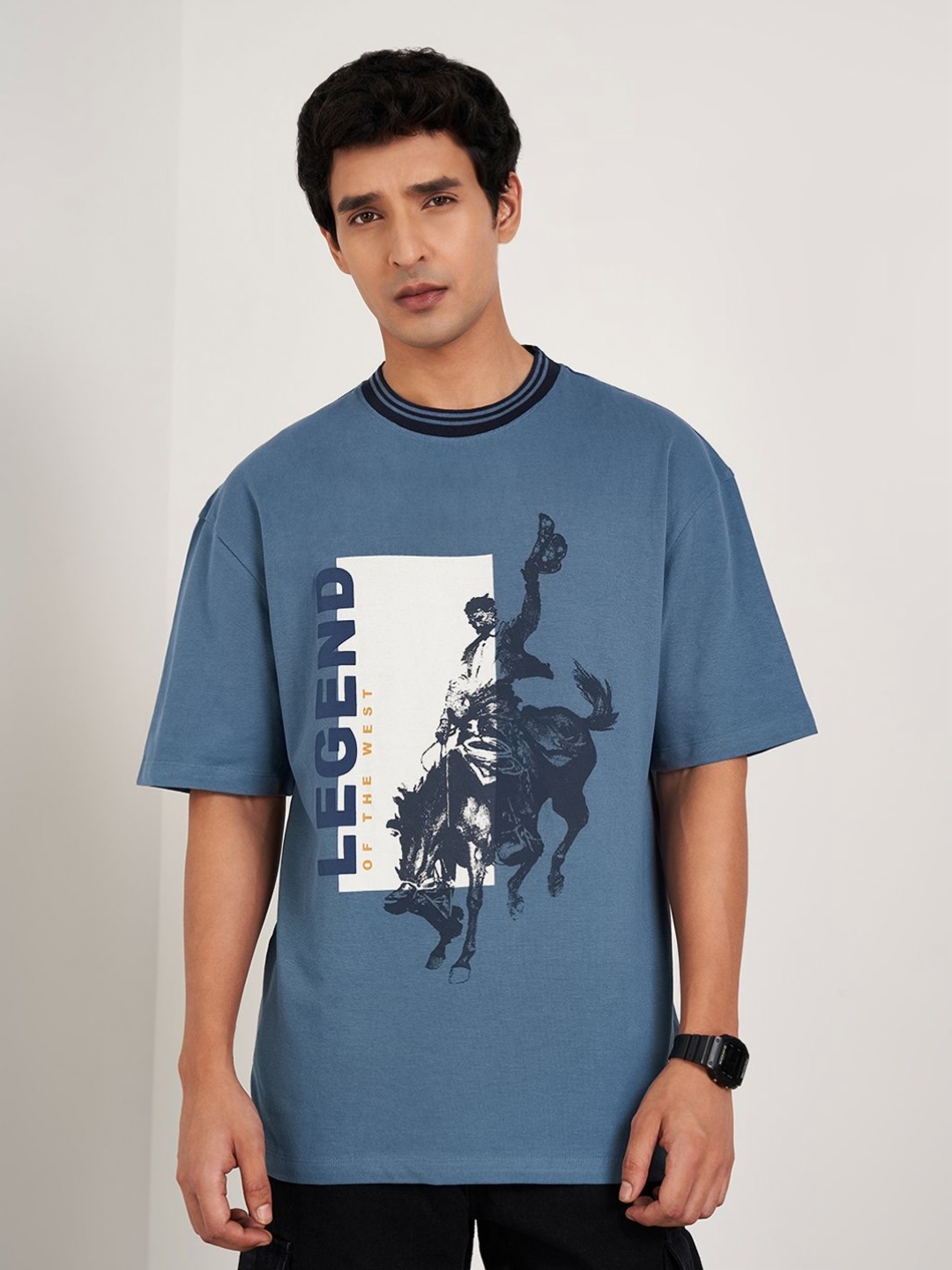

SF JEANS by Pantaloons Men Graphic Printed Round Neck Cotton Oversized T-shirt, Teal