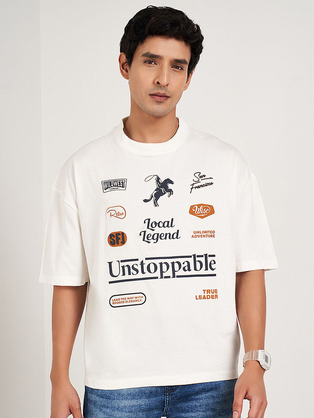 

SF JEANS by Pantaloons Men Typography Printed Round Neck Cotton Boxy T-shirt, Off white