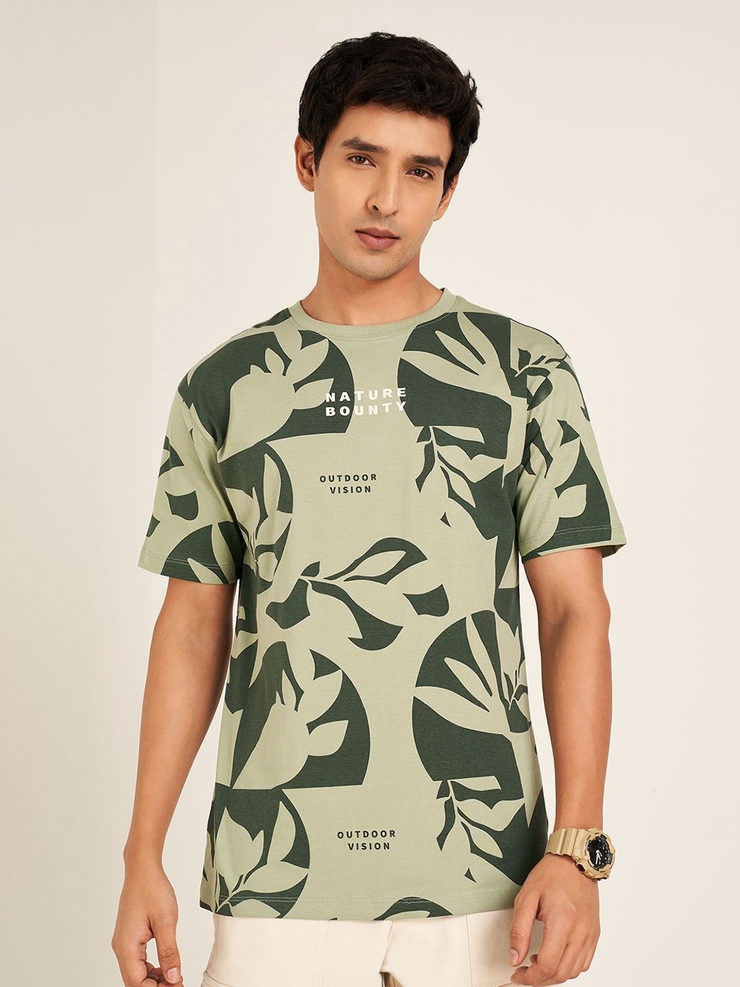 

7 Alt by Pantaloons Men Printed Mandarin Collar Pockets T-shirt, Olive