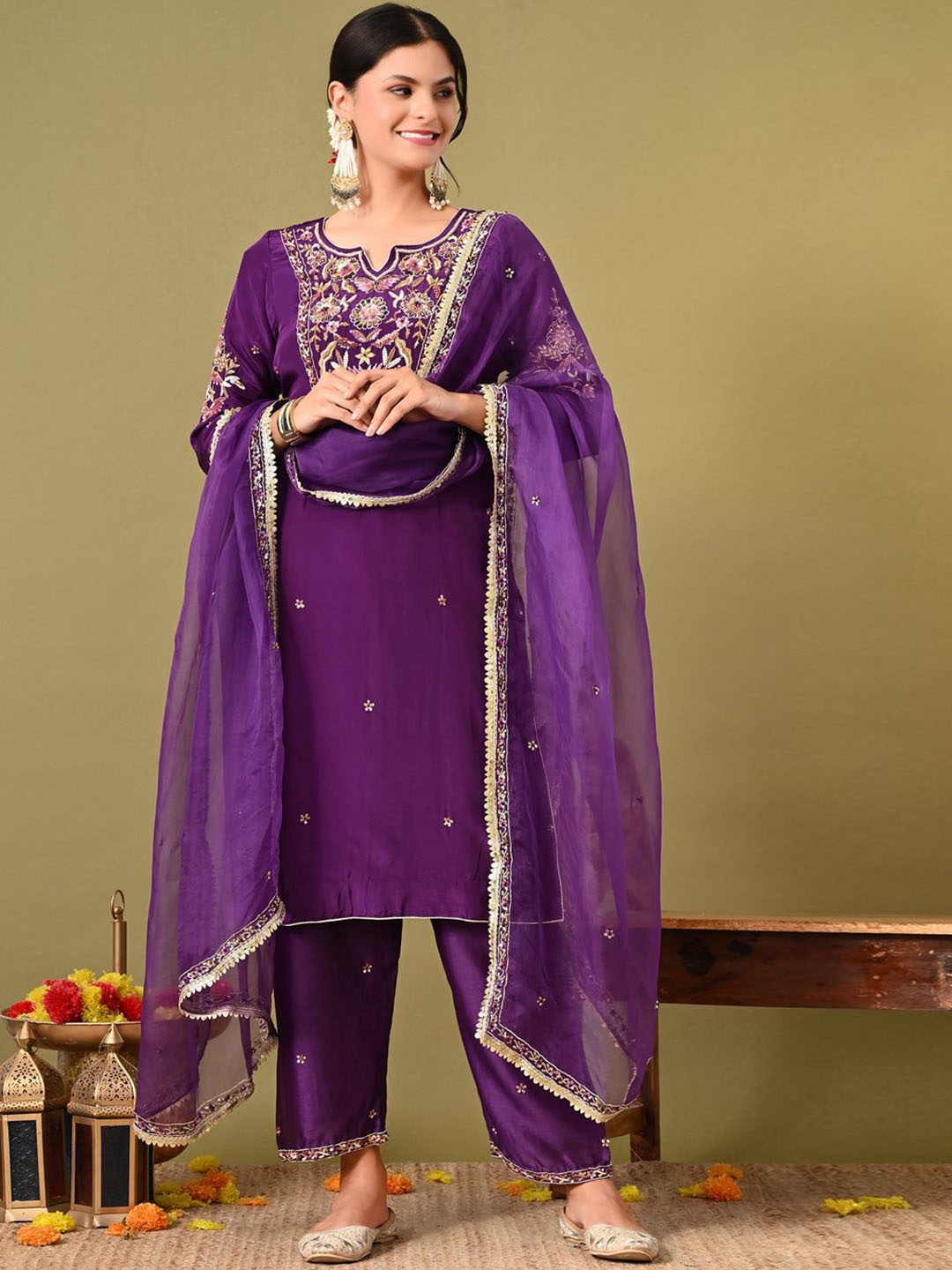 

ZARIKALI Floral Embroidered Sequinned Straight Kurta With Trousers & Dupatta, Purple