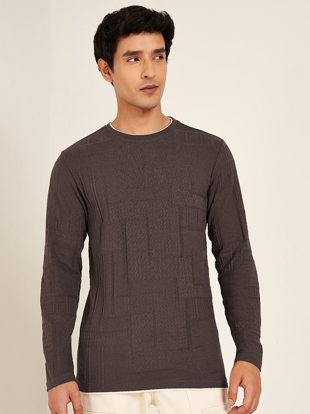 

7 Alt by Pantaloons Men Self Design Round Neck Cotton T-shirt, Brown