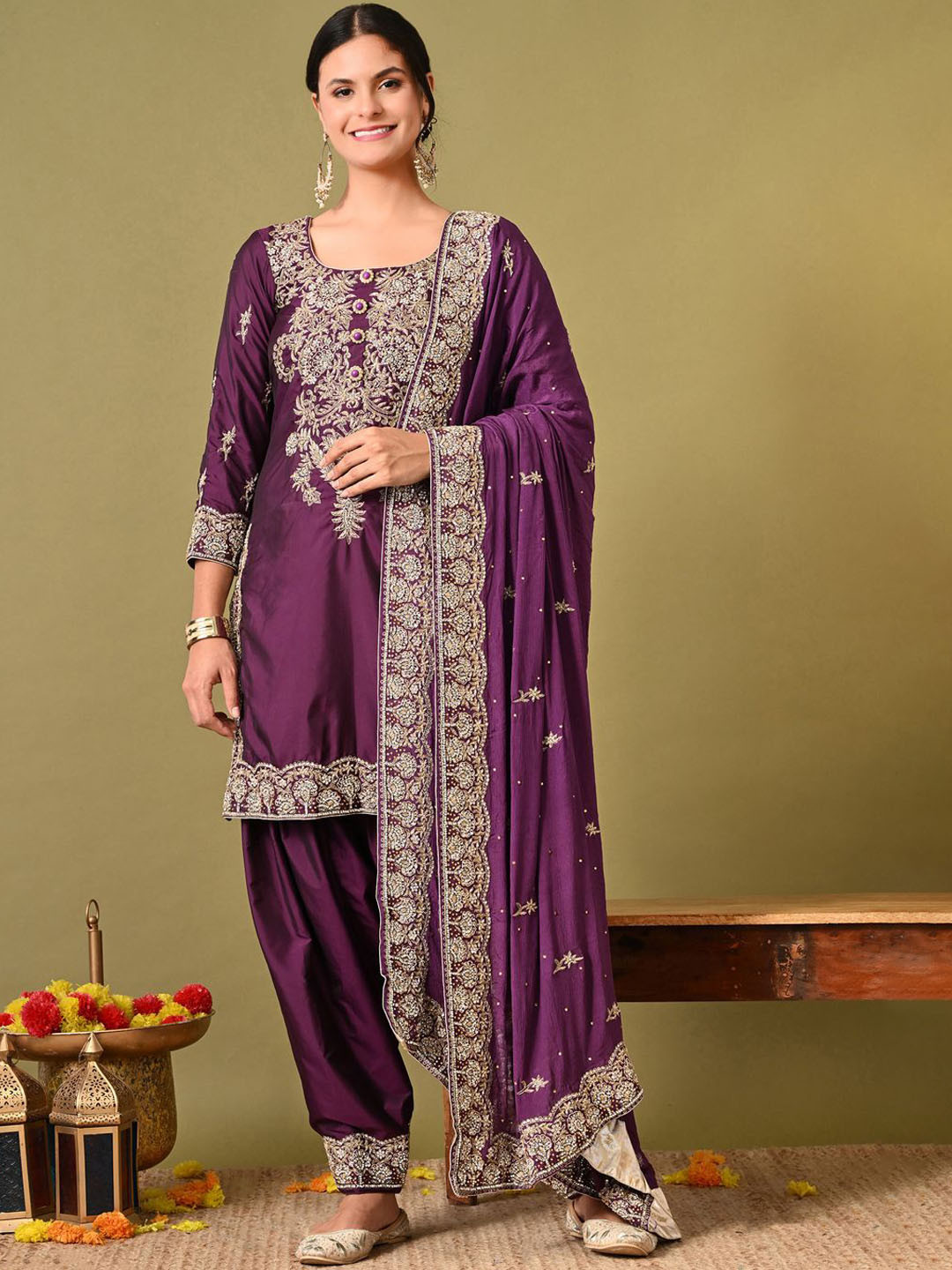 

ZARIKALI Floral Embroidered Beads and Stones Pure Silk Kurta With Salwar And Dupatta, Purple