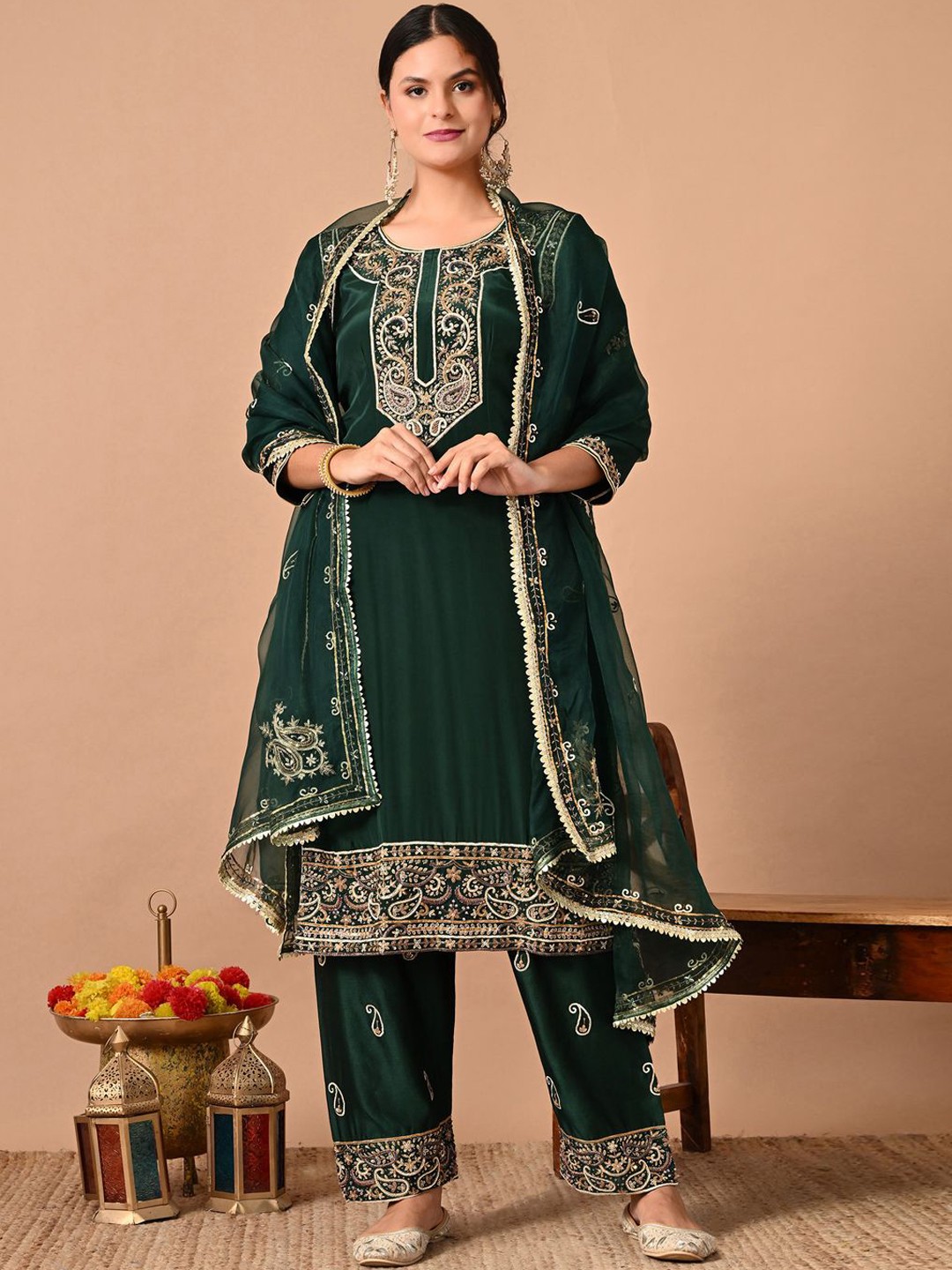 

ZARIKALI Paisley Embroidered Beads Work Straight Kurta With Palazzos & Dupatta, Green