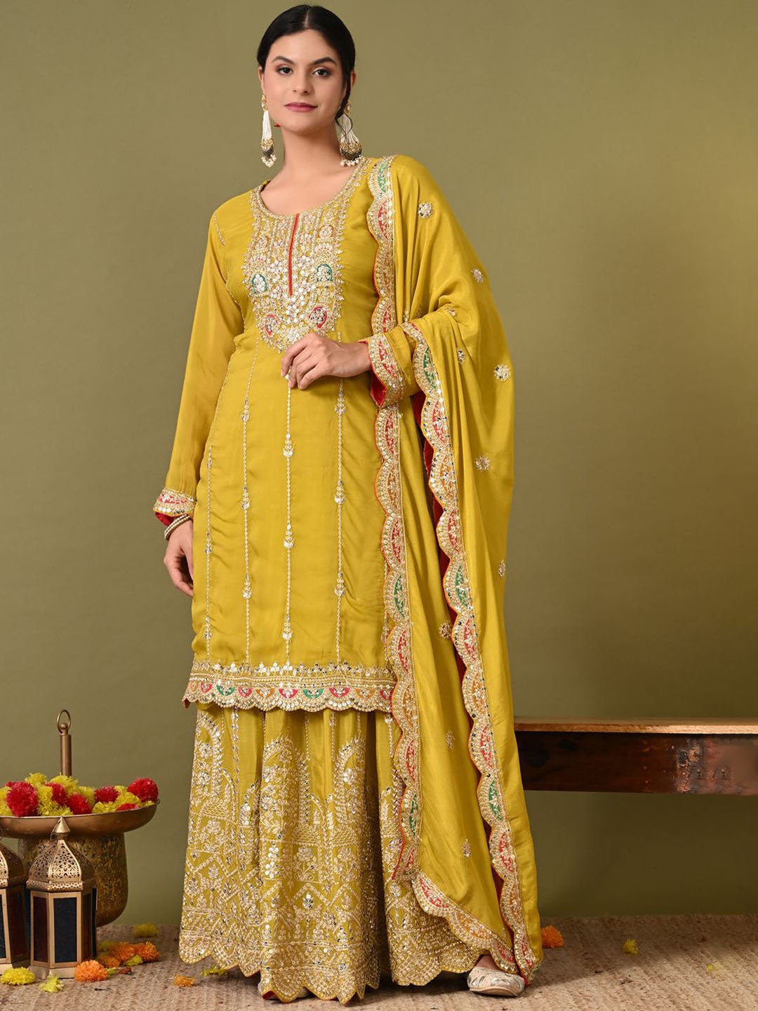 

ZARIKALI Women Floral Embroidered Regular Sequinned Silk Crepe Kurta with Sharara & With Dupatta, Yellow