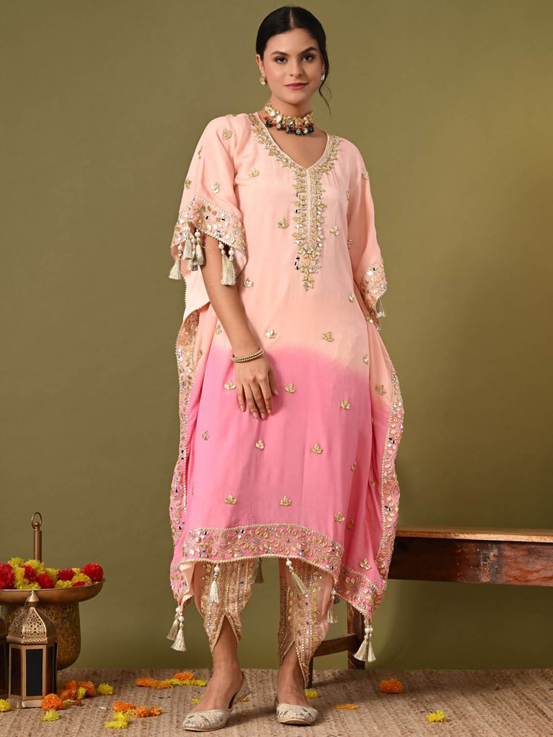 

ZARIKALI Floral Embroidered Gotta Patti Work Kaftan Kurta With Dhoti Pants, Pink