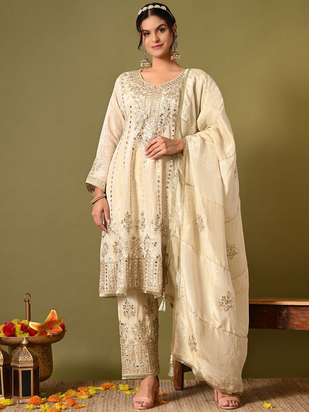 

ZARIKALI Floral Embroidered Panelled Mirror Work A-Line Kurta With Trouser & Dupatta, Cream