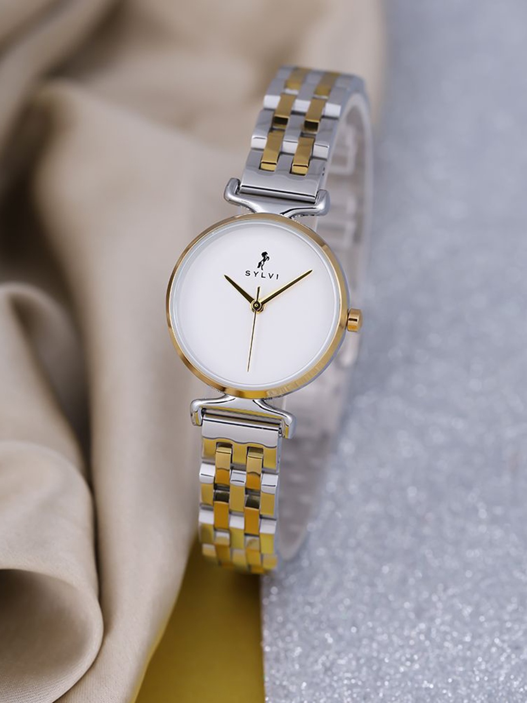 

Sylvi Women Stainless Steel Straps Analogue Multi Function Watch VLTS-wht-gold-silver, White