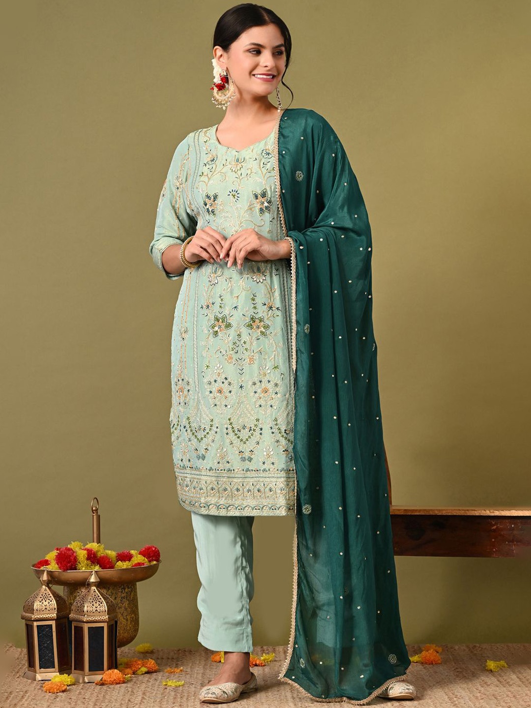 

ZARIKALI Floral Embroidered Beads and Stones Kurta with Palazzos And Dupatta, Green