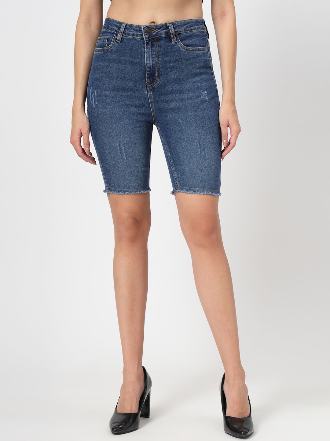 

COSMIC Women High-Rise Distressed Denim Shorts, Navy blue