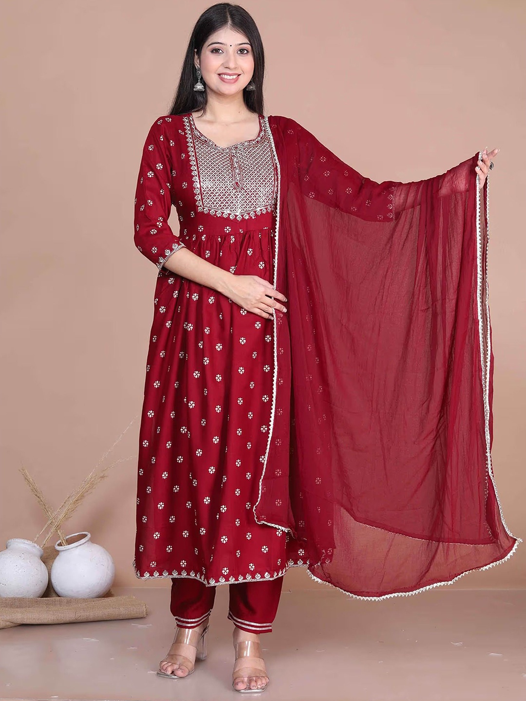 

Women Planet Floral Printed Zari Work Anarkali Kurta with Trousers And Dupatta, Maroon