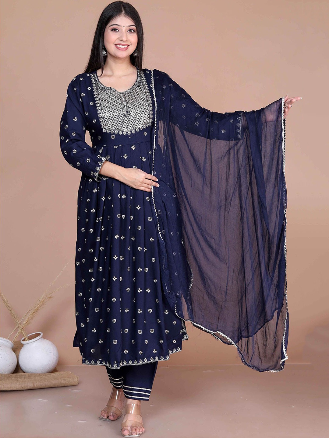 

Women Planet Floral Printed Zari Work A-Line Kurta with Trousers And Dupatta, Blue