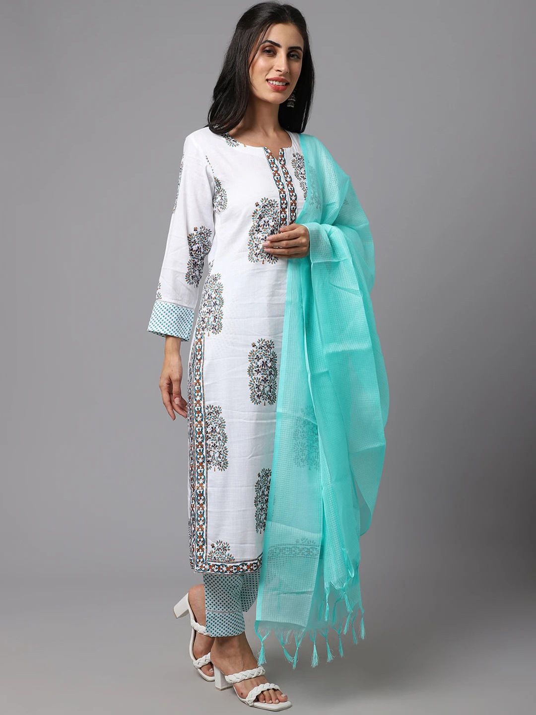 

7Threads Ethnic Motifs Printed Notch Neck Straight Kurta With Trousers And Dupatta, White