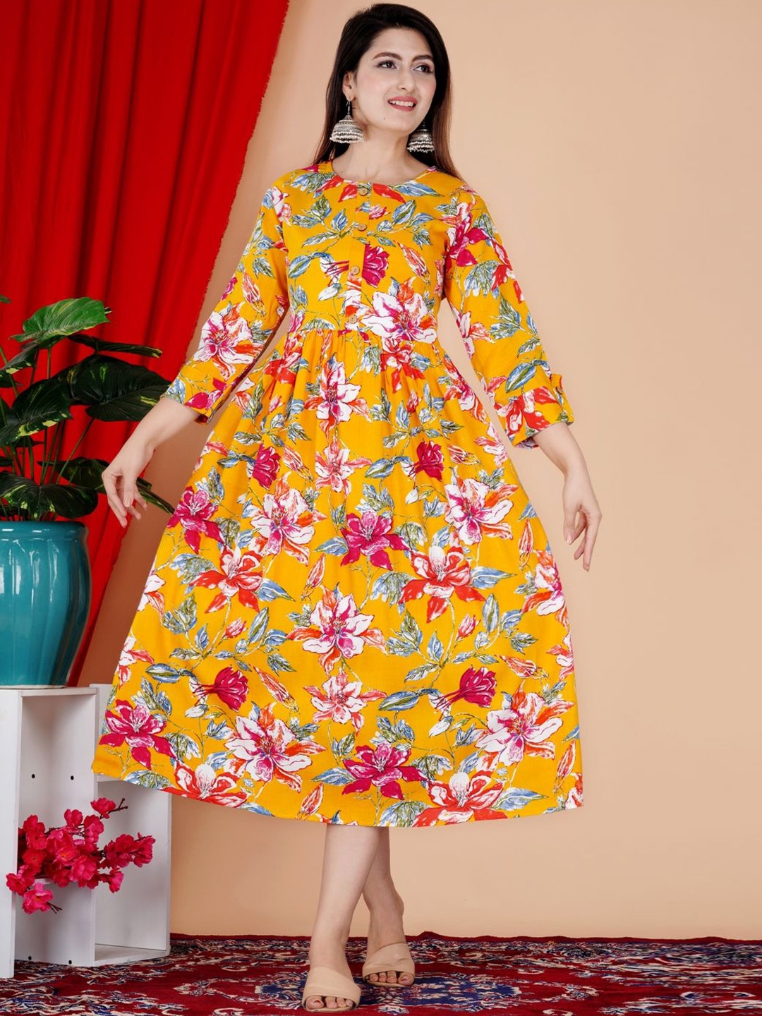 

FebQ Floral Printed Round Neck Fit And Flare Dress, Mustard