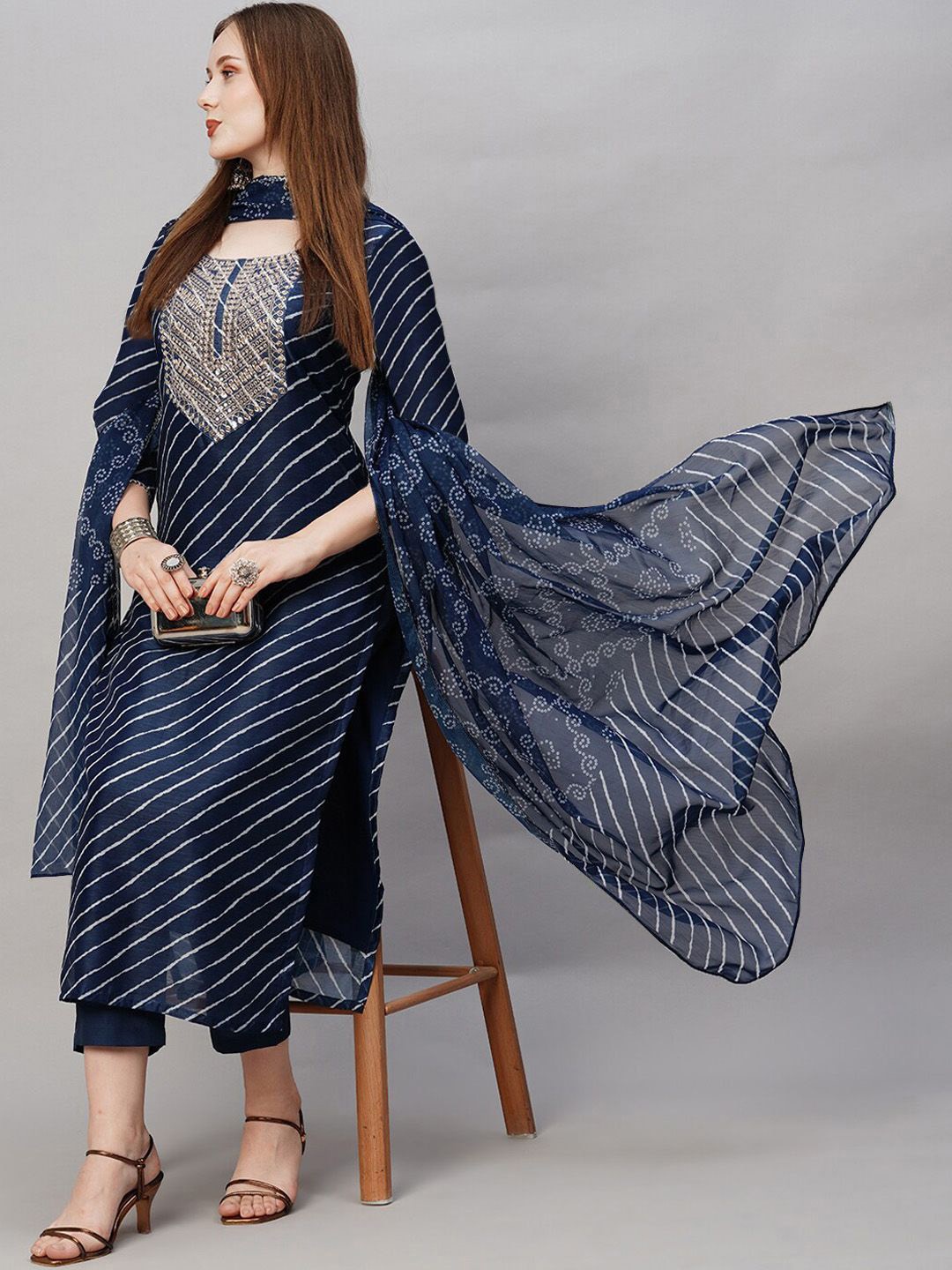 

7Threads Embroidered Leheriya Printed Straight Kurta with Trousers And Dupatta, Navy blue