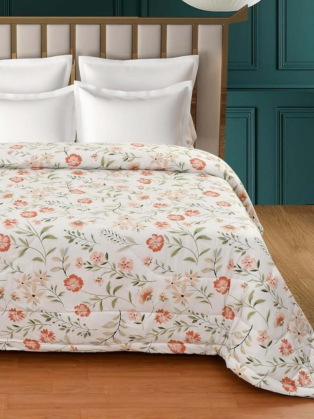 

BREVARD White and Red Floral Printed Glace Cotton 150 GSM Double Bed Comforter