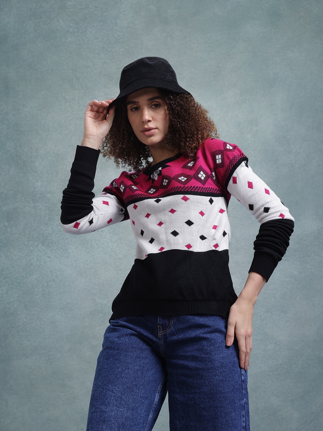 

The Roadster Lifestyle Co. Colourblocked Geometric Woven Design Pullover, Pink