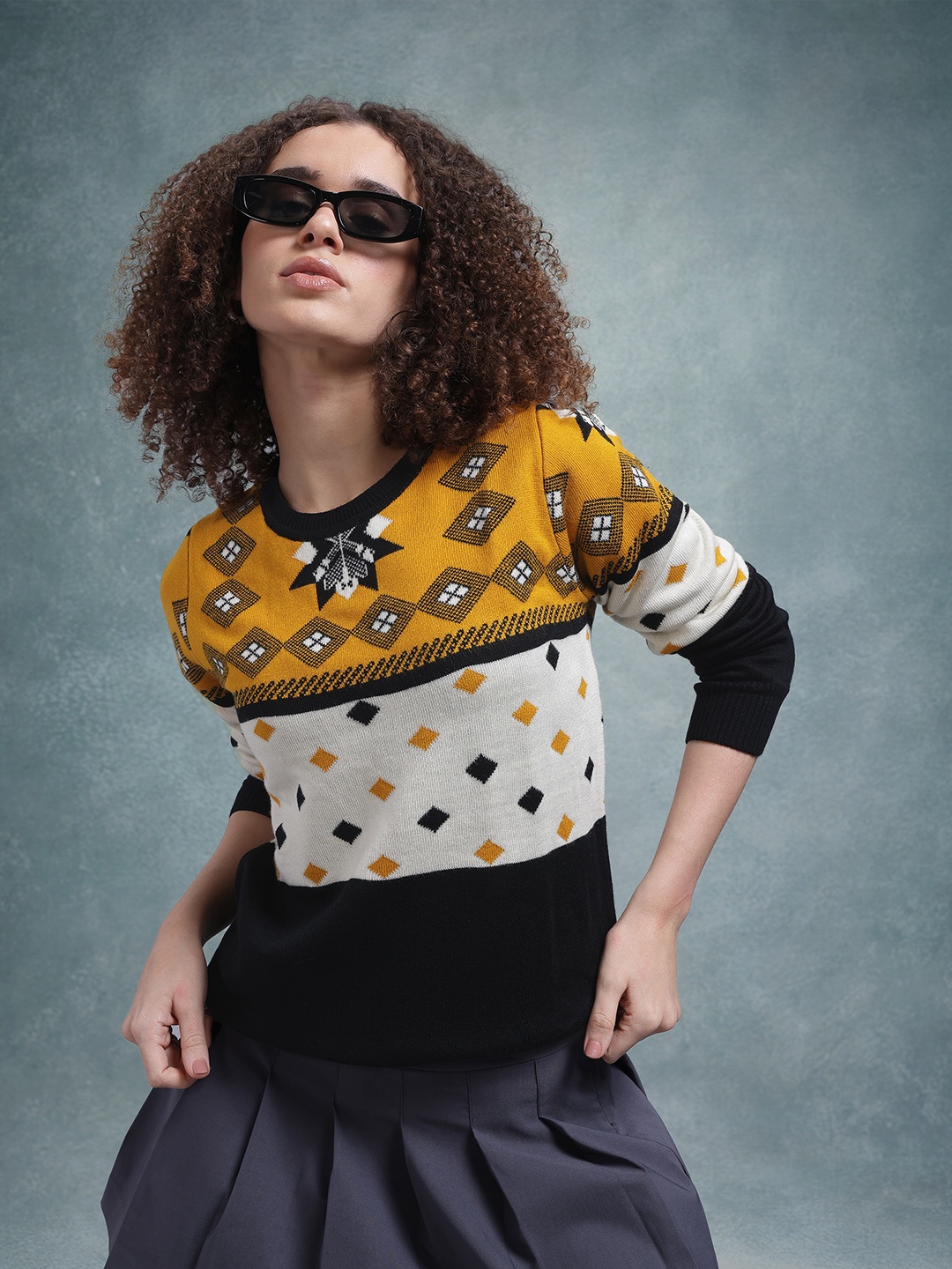 

The Roadster Lifestyle Co. Colourblocked Geometric Woven Design Pullover, Mustard