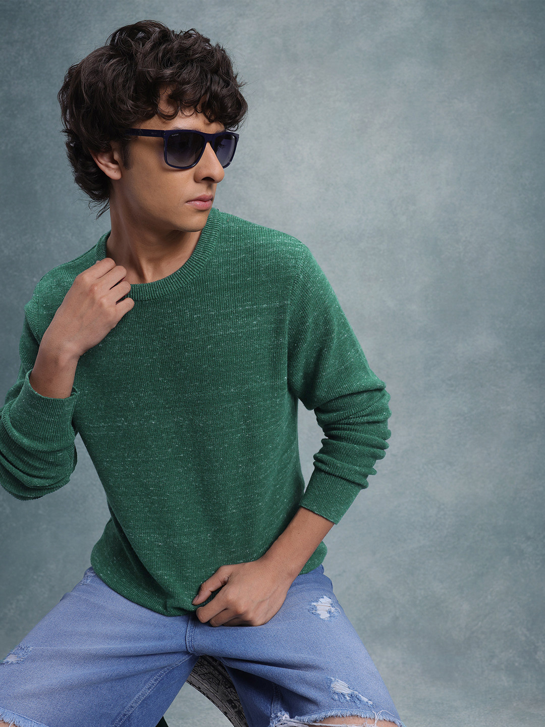 

The Roadster Lifestyle Co. Solid Textured Pure Cotton Pullover, Green