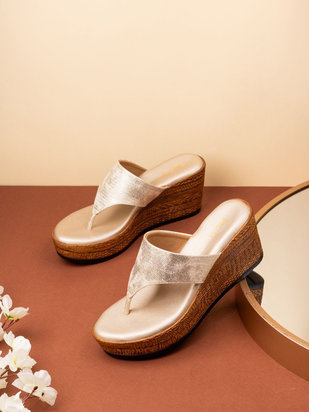 

Inc 5 Ethnic Wedge Golden Ethnic Solid Round Toe Heels, Gold