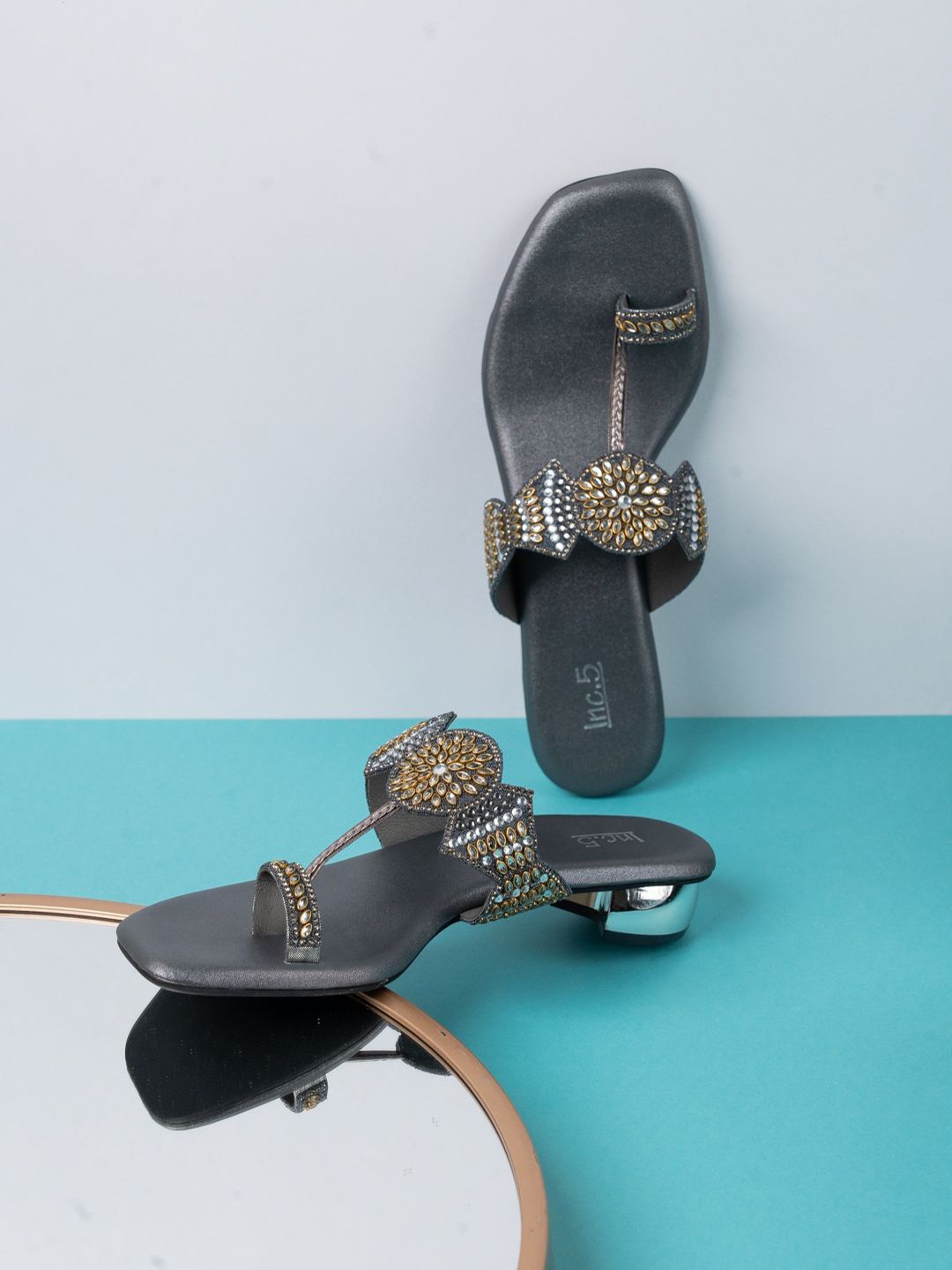 

Inc 5 Embellished Ethnic Block Sandals, Grey