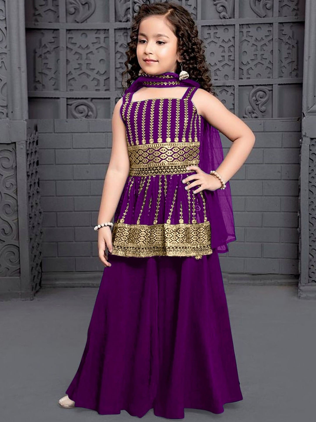 

BAESD Girls Floral Embroidered Shoulder Straps Anarkali Kurta With Palazzos And Dupatta, Purple