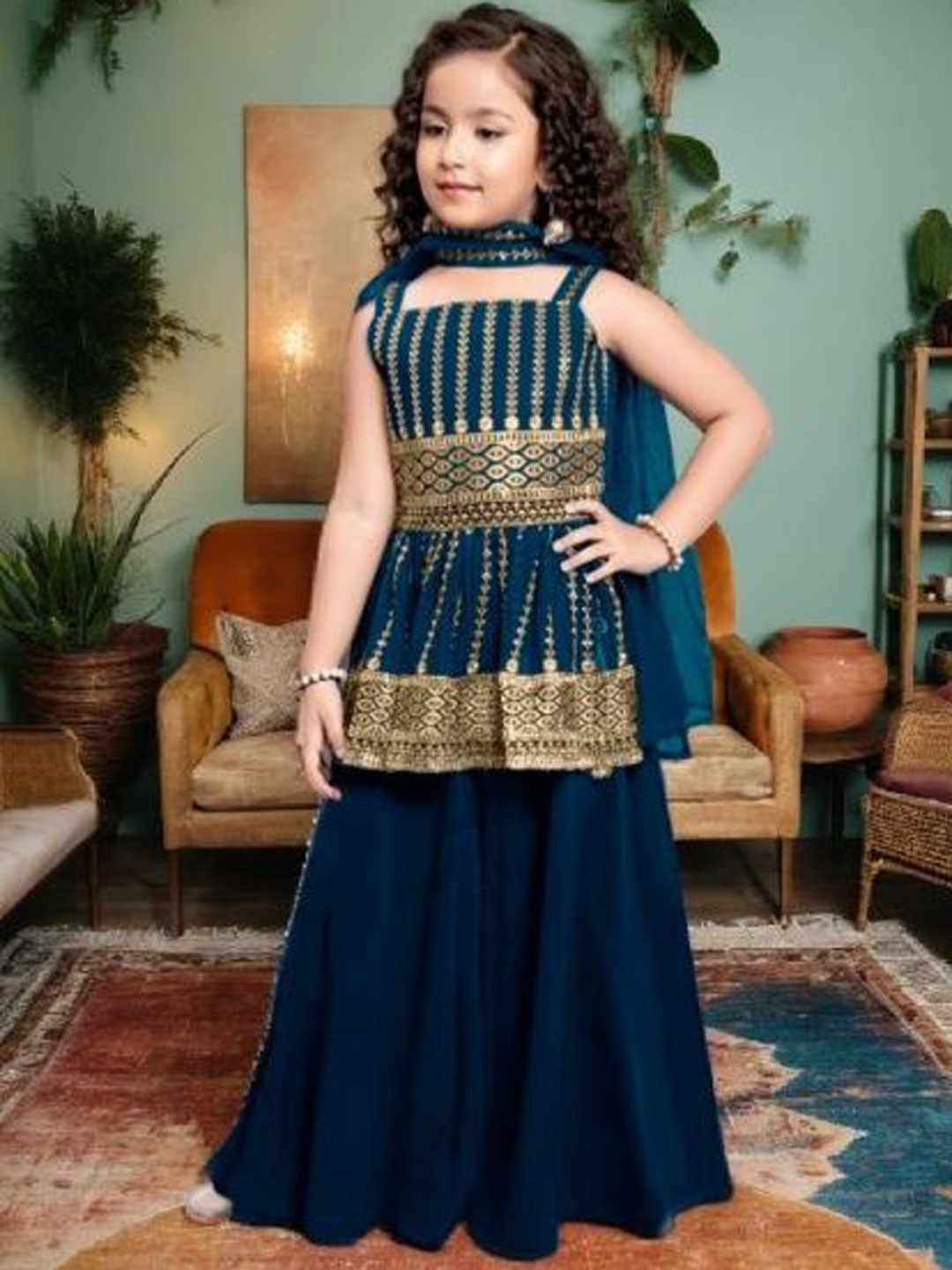 

BAESD Girls Floral Embroidered Shoulder Straps Anarkali Kurta With Palazzos And Dupatta, Blue