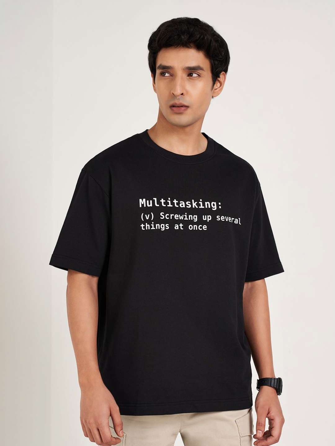 

People Men Typography Printed Round Neck Cotton Relaxed Fit T-shirt, Black