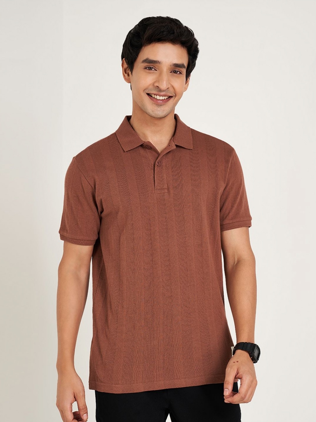 

People Men Self Design Polo Collar Cotton T-shirt, Tan