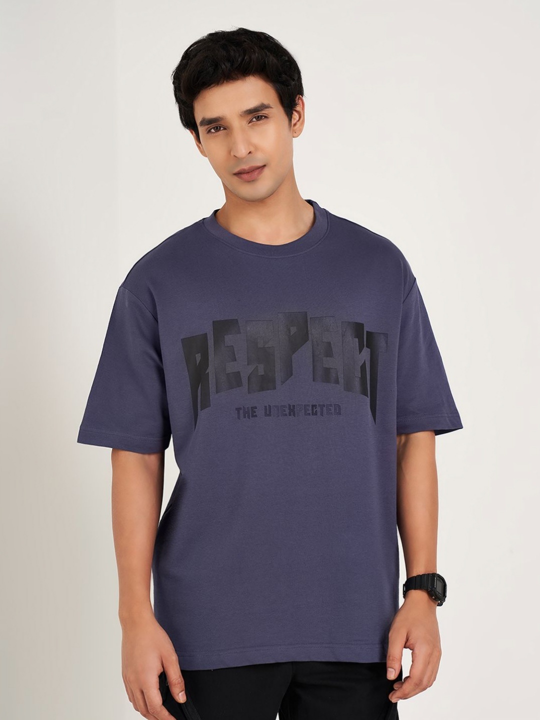 

People Men Typography Printed Round Neck Cotton Relaxed Fit T-shirt, Navy blue