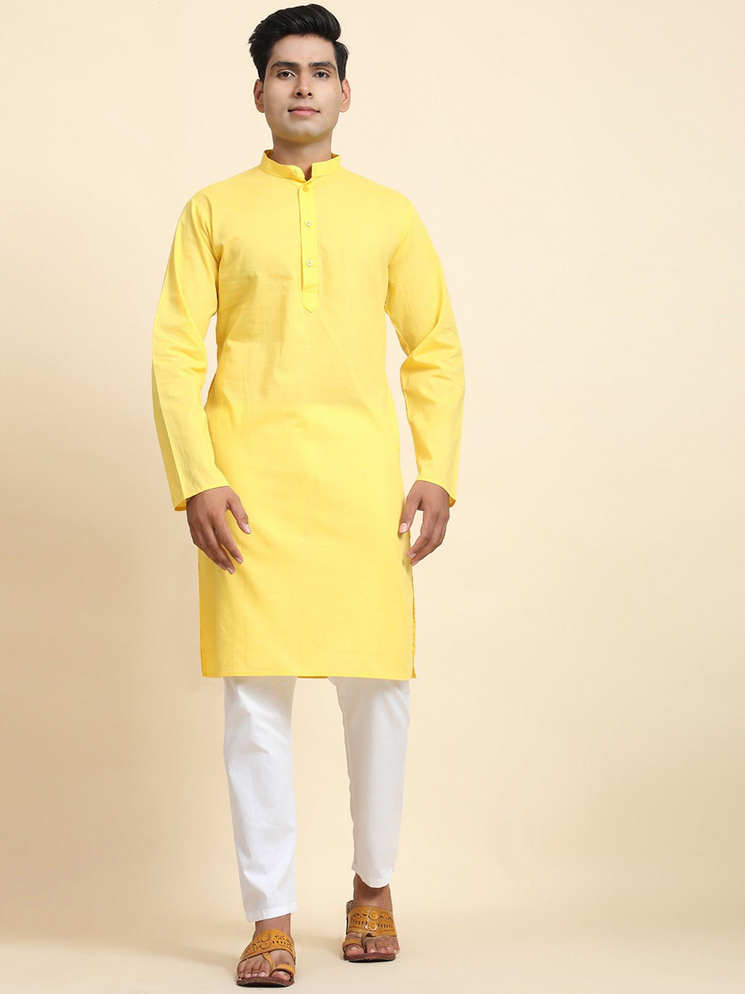 

Moda Rapido Mandarin Collar Pure Cotton Straight Kurta With Trousers, Yellow