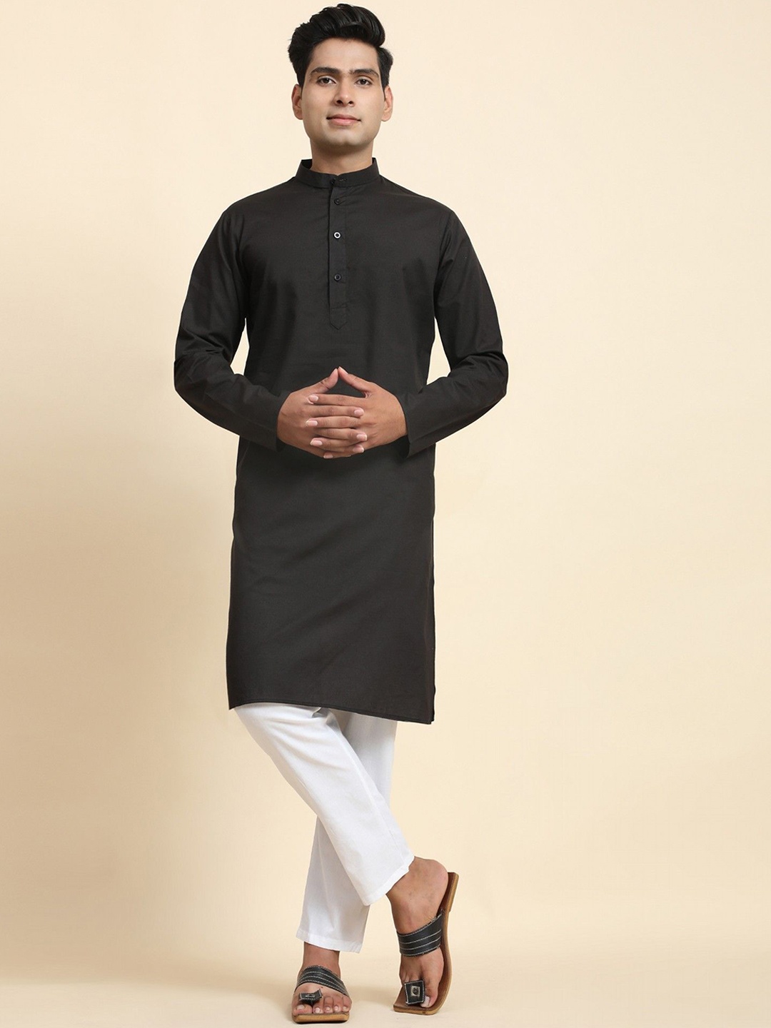 

Moda Rapido Band Collar Pure Cotton Straight Kurta With Trousers, Black