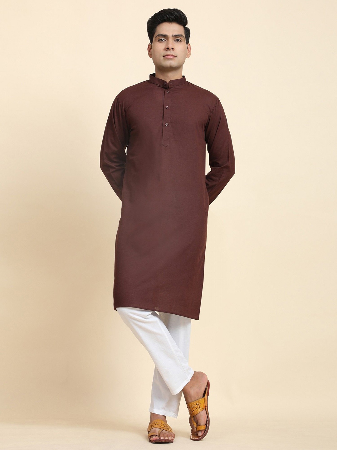 

Moda Rapido Mandarin Collar Pure Cotton Straight Kurta With Trousers, Brown