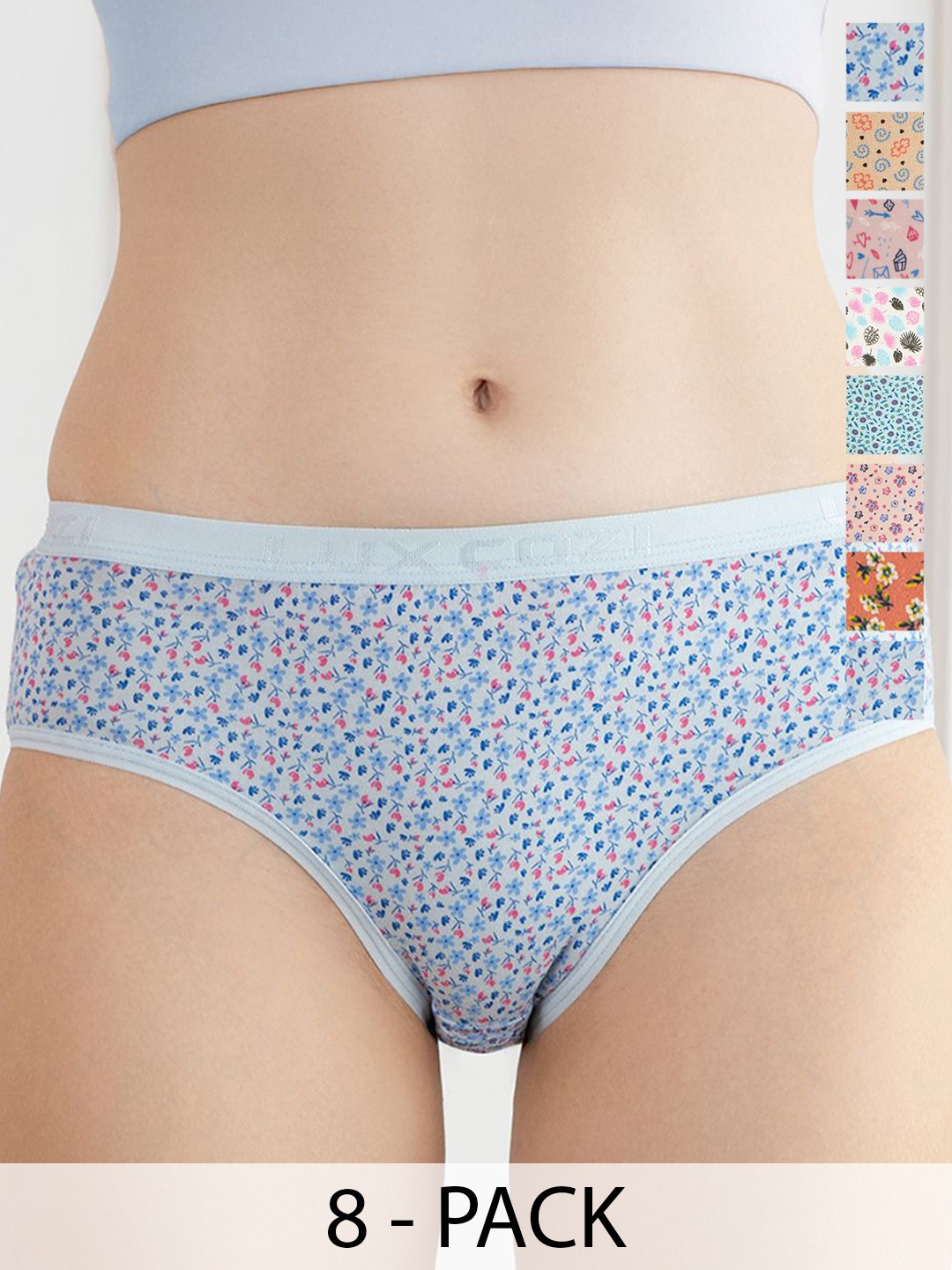 Lux Cozi Pack of 8 Women Printed Pure Cotton Assorted Hipster Briefs