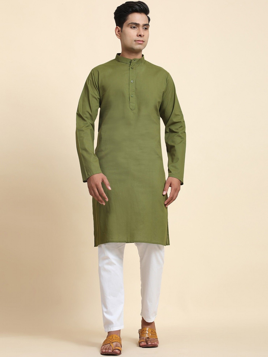 

Moda Rapido Mandarin Collar Pure Cotton Straight Kurta With Trousers, Olive