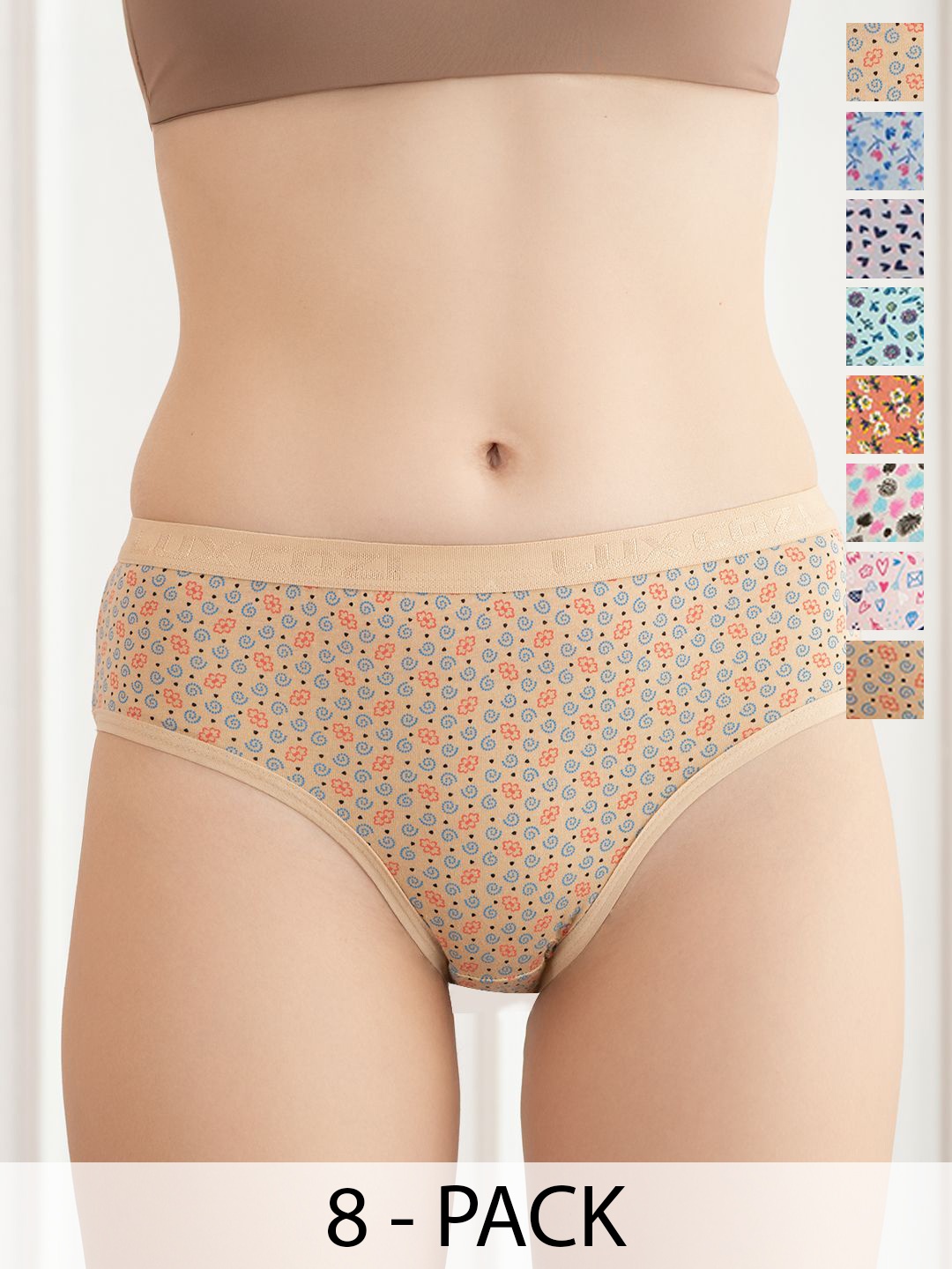 Lux Cozi Pack Of 8 Women Floral Printed Pure Cotton Hipster Briefs-COZIHER_702_PTY_8PC, Pink