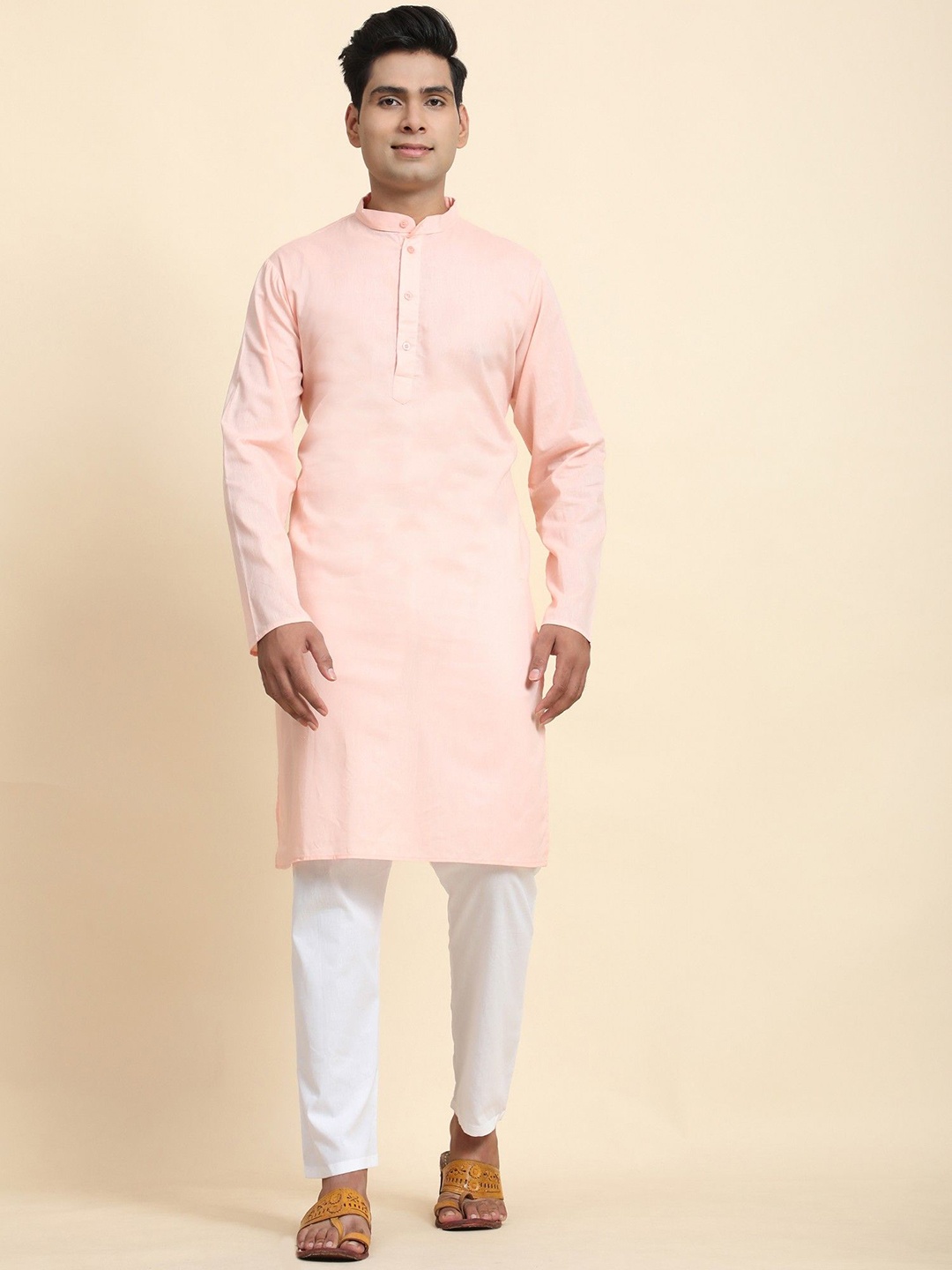 

Moda Rapido Mandarin Collar Pure Cotton Straight Kurta With Trousers, Peach